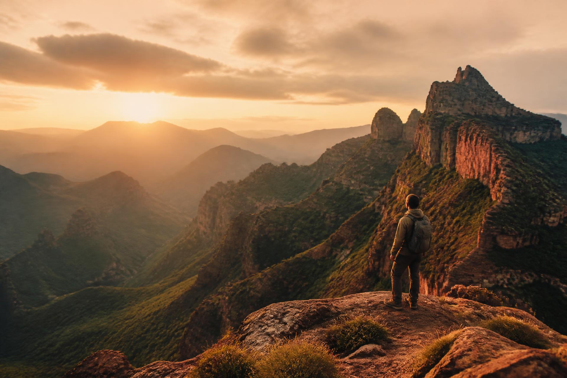 A lone hiker on a mountain ridge above misty valleys at golden hour